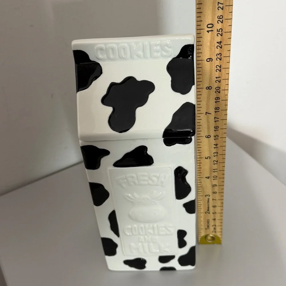 Houston Harvest Cookie Jar White Cow Print Milk Carton Ceramic Decor Large